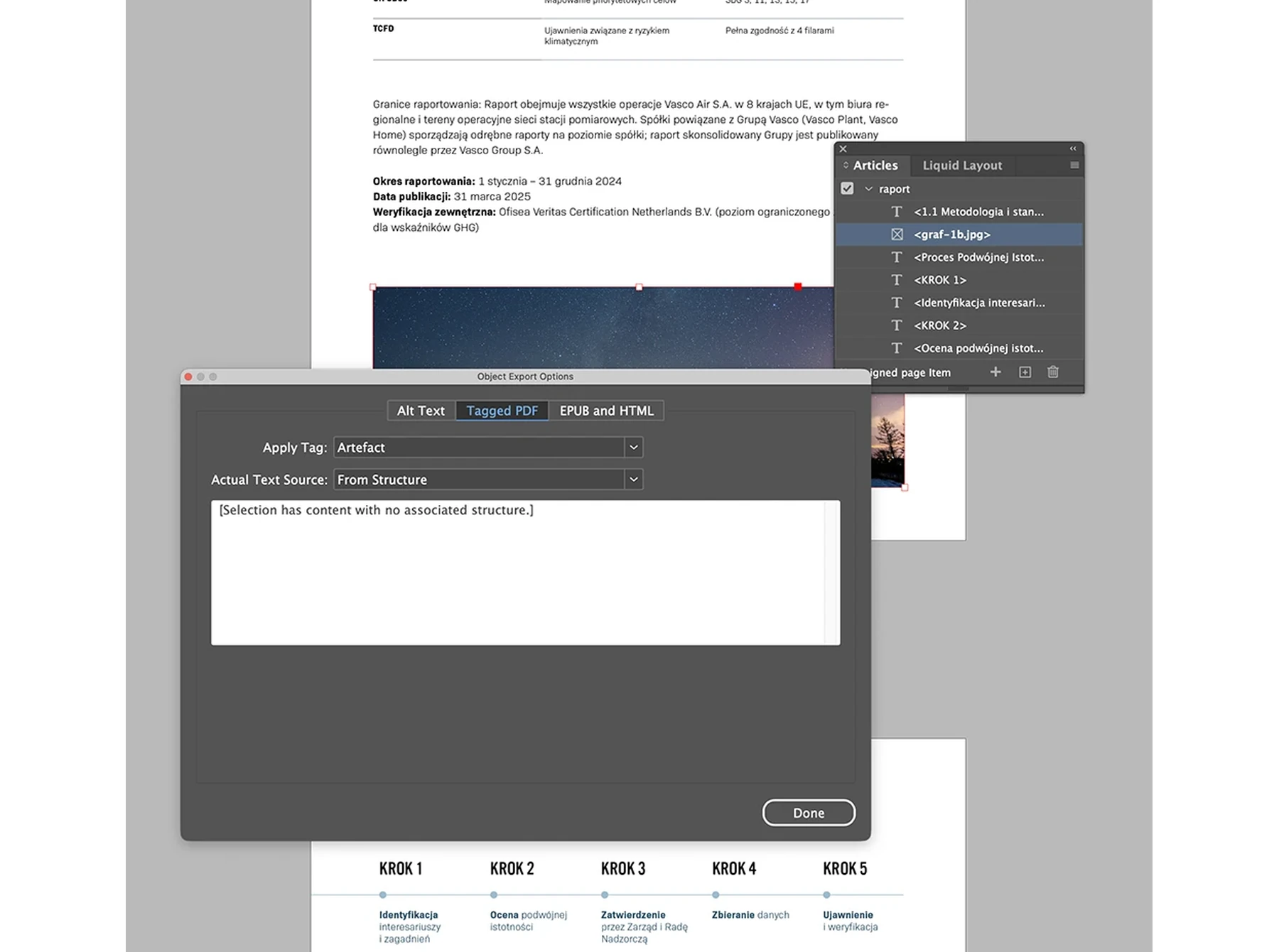 Zrzut ekranu panelu tagów w dostępnym pliku PDF raportu — struktura nagłówków, tabel i opisów alternatywnych.